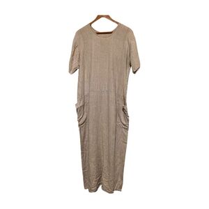 Vintage FLAX Jeanne Engelhart Tan Pinstriped Linen Short Sleeve Dress Pockets M